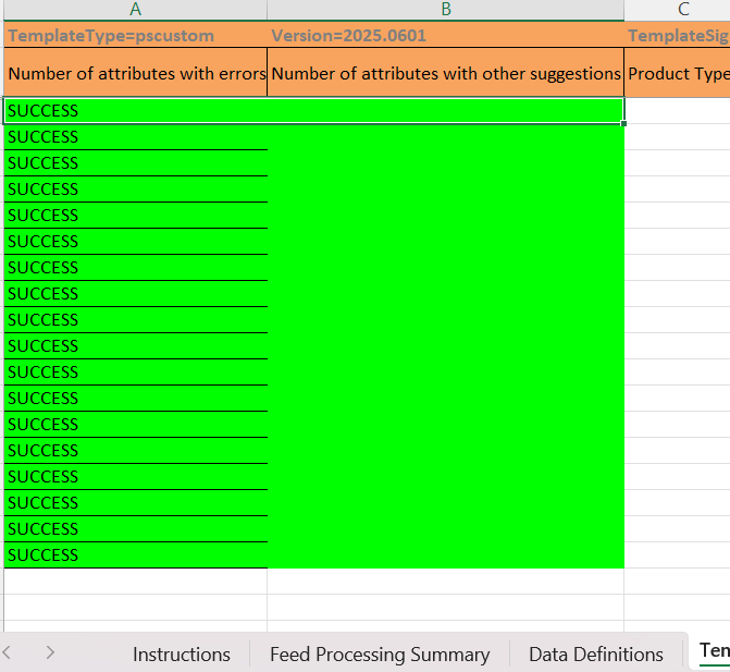 Amazon flat-file feed processing summary spreadsheet, every row marked SUCCESS in green with zero attribute errors