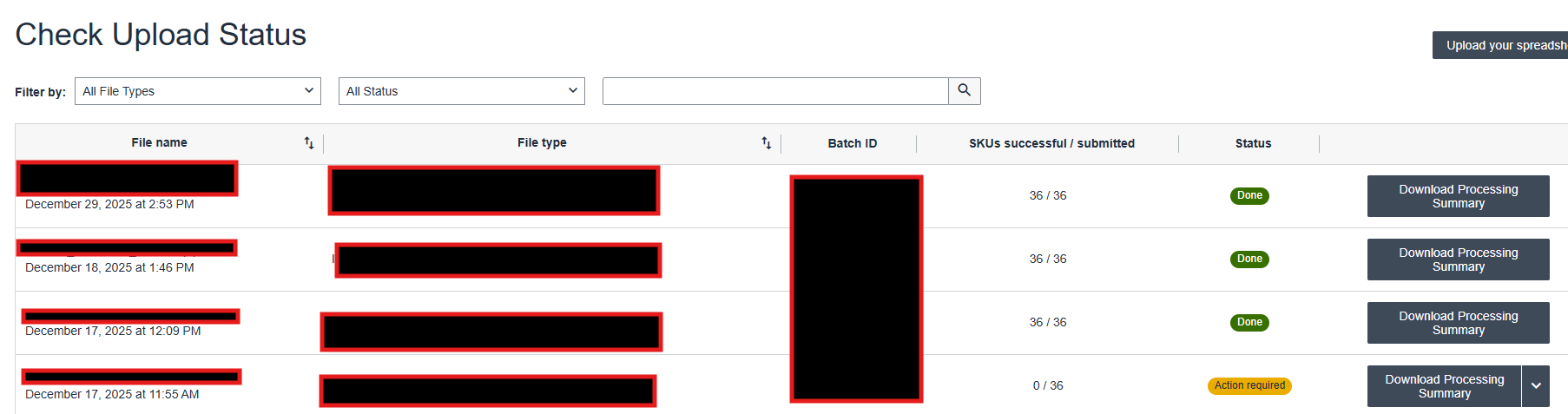 Amazon Seller Central flat-file upload status panel showing multiple uploads with 36 of 36 SKUs successful, brand identifiers redacted