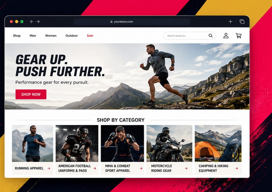 Sample Sports and Outdoor storefront built by Tech9Bees, showing a shop by category layout for running apparel, American football gear, MMA apparel, motorcycle gear and camping equipment